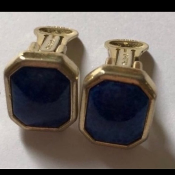 Vintage Christian dior gold faux lapis rectangle button studs clip on Earrings - Picture 4 of 8